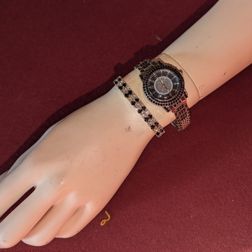 Black Crystal Bracelet Watch Set